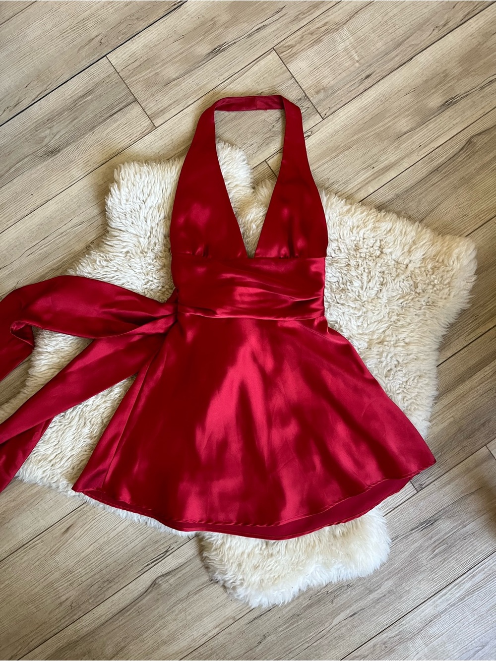 Satin Halter Tie-Back Mini Dress in Red